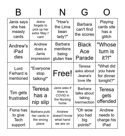 Weekly Card Game Bingo Card