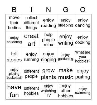 Hobbies Bingo Card