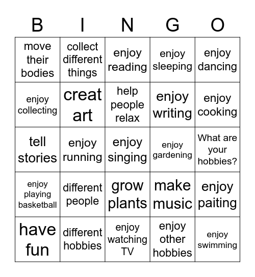 Hobbies Bingo Card