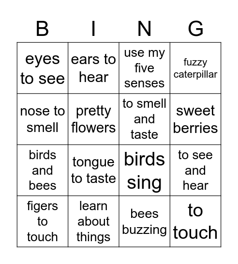 RAZ D70 Senses Bingo Card