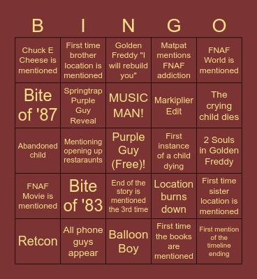FNAF STREAM BINGO Card