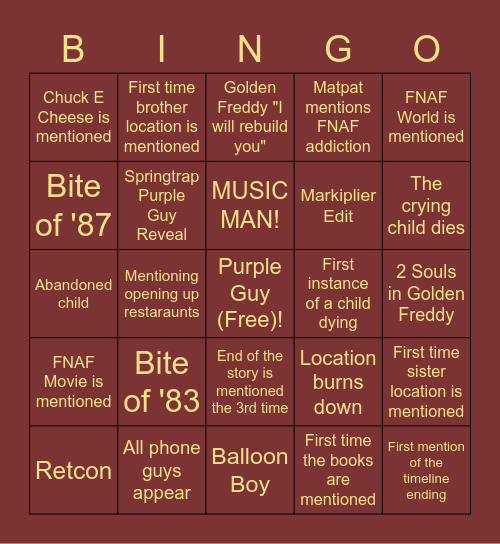 FNAF STREAM BINGO Card