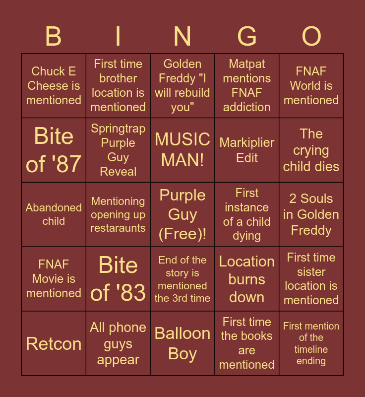 Five Nights at Freddy's Bingo! Bingo Card