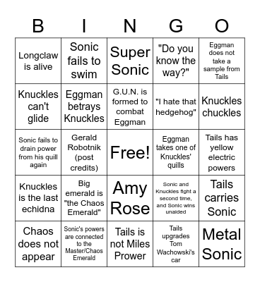 Sonic 2 Bingo Card