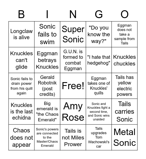 Sonic 2 Bingo Card