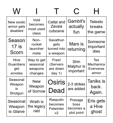 Witch Queen + Season 17 Predictions Bingo Card