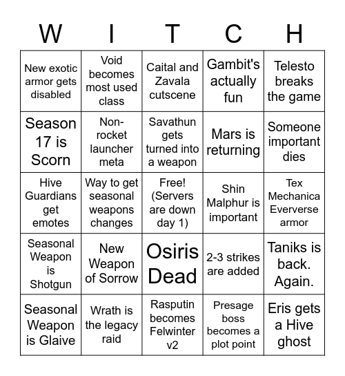 Witch Queen + Season 17 Predictions Bingo Card