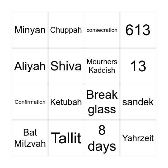 The Jewish Life Cycle Bingo Card