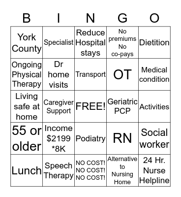 Senior Life Bingo Card