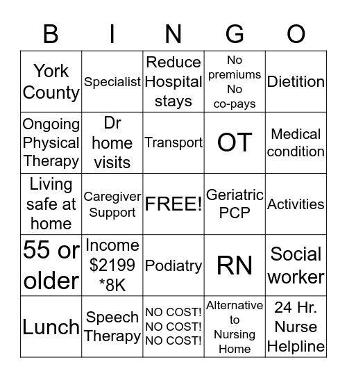 Senior Life Bingo Card