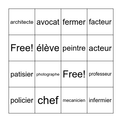 Careers - Metiers Bingo Card