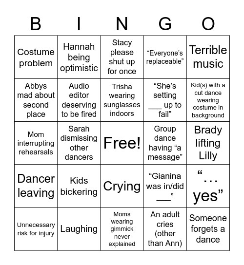 Dance moms season 8 Bingo Card