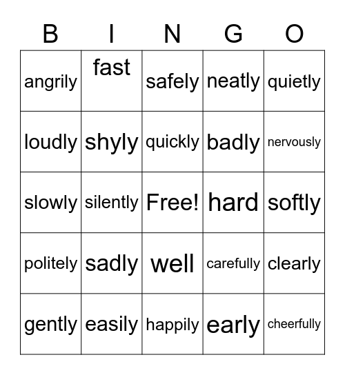 Adverbs Bingo Card