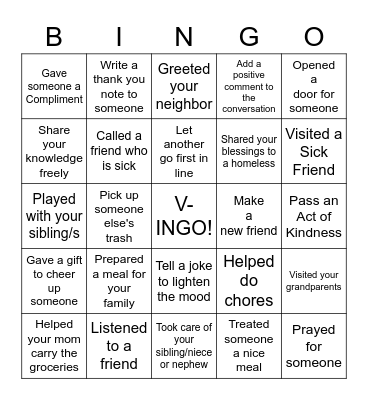 Random Acts of Kindness Bingo Card