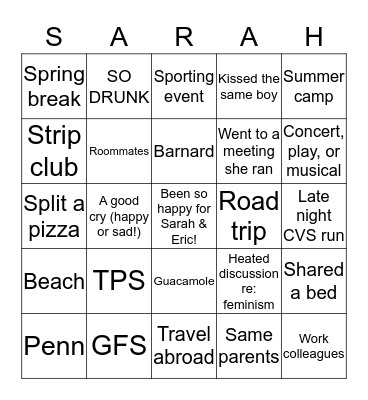 How Do You Know Sarah?  Bingo Card