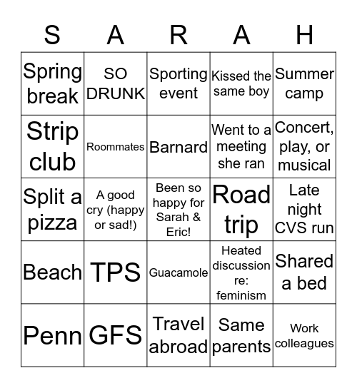 How Do You Know Sarah?  Bingo Card