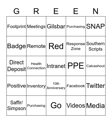 Green Team Bingo Card