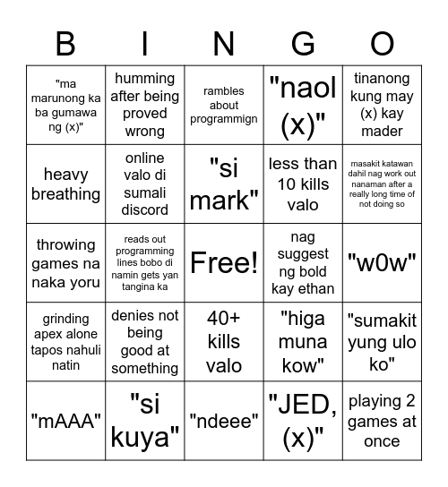 Ryan Bingo Card