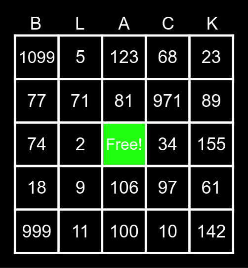 black bingo Card