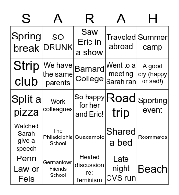 Things We've Done with Sarah! Bingo Card