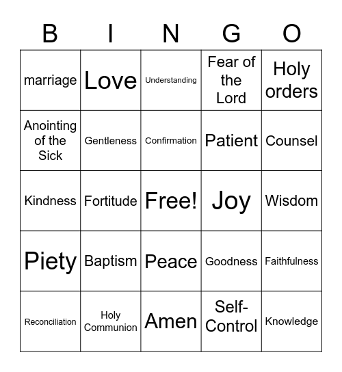 Holy Spirit Bingo Card