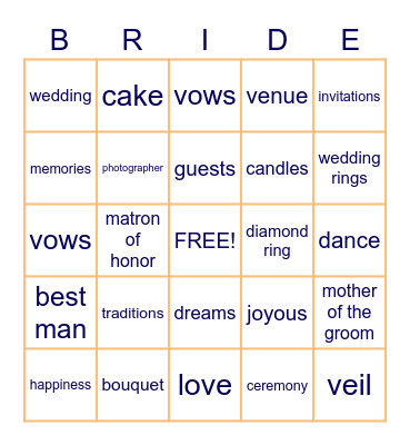 Alexandra's Bridal Shower Bingo Card