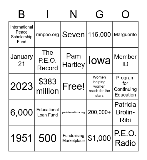 P.E.O. Bingo Card