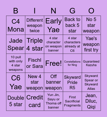 Yae Summons Bingo Card