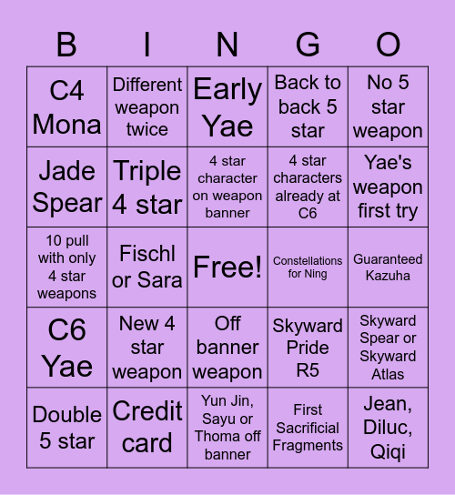 Yae Summons Bingo Card