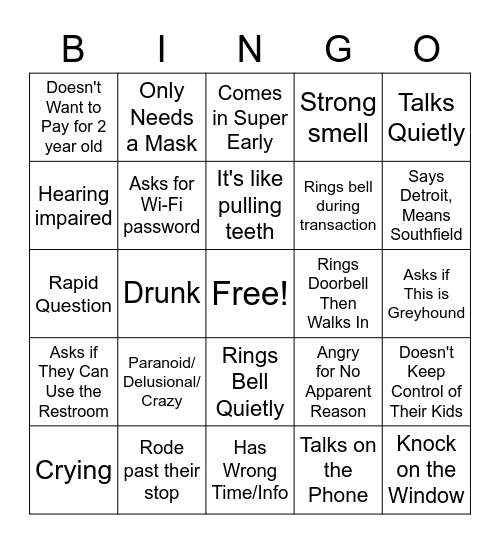 Bus Station Bingo Card