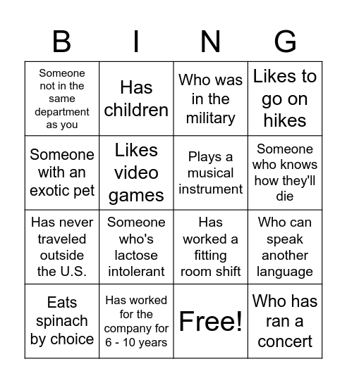 Team Member Bingo Card