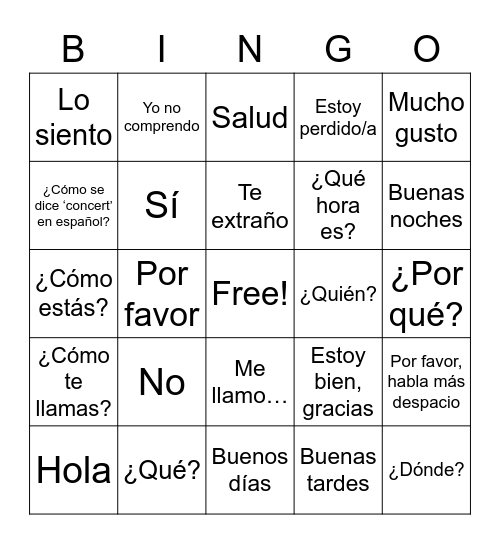 Spanish Class 1 Bingo Card