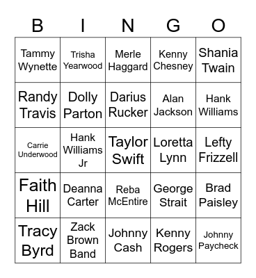 Country Artists Bingo Card