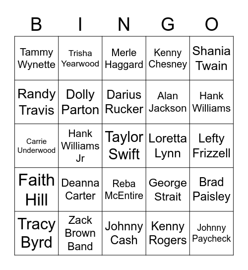 Country Artists Bingo Card