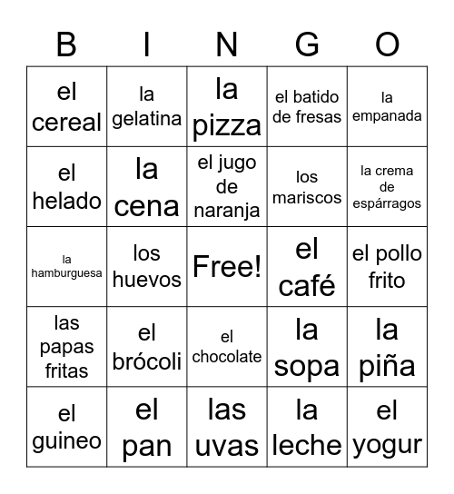 Mi comida favorita Bingo Card