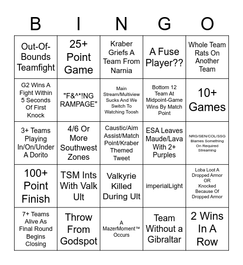 ALGS NA 2022 Playoffs Bingo Card