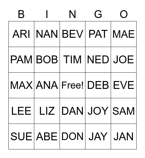 3 Letter Names Bingo Card