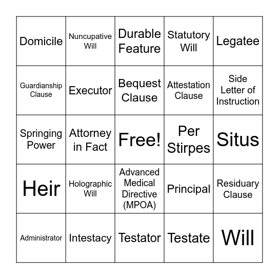 Estate Planning Terms Bingo Card