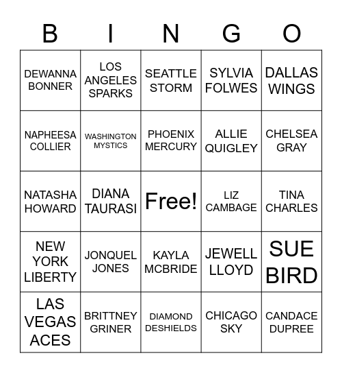 WNBA TEAMS/PLAYERS Bingo Card
