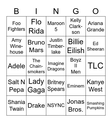Pop Music Stars Bingo Card