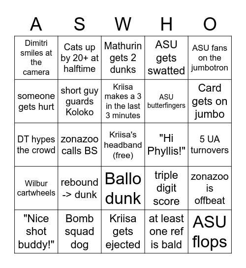 UA vs ASU Bingo Card