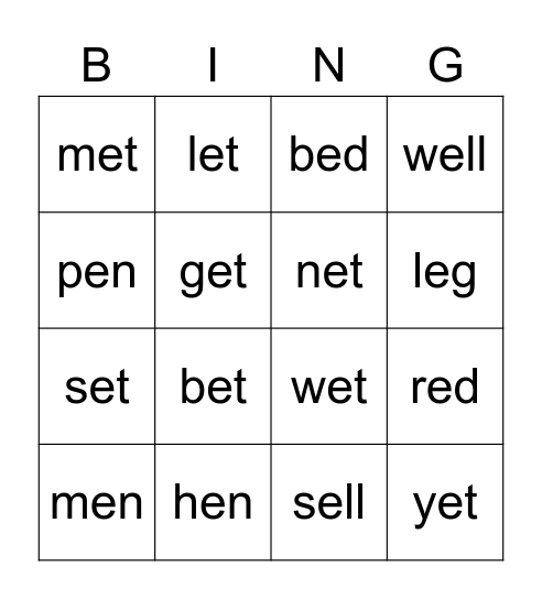 cvc (short e) Bingo Card