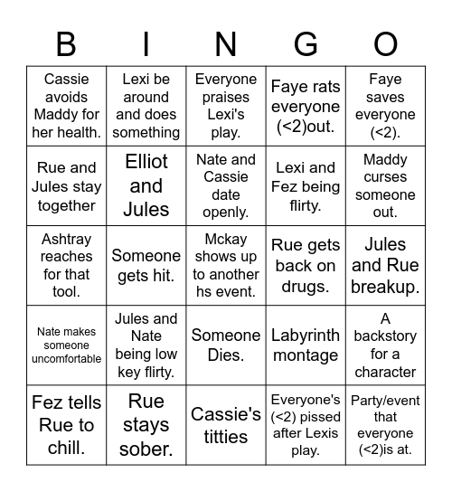 Euphoria Bingo Card