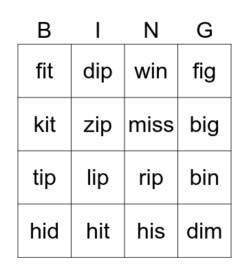 CVC (short i) Bingo Card