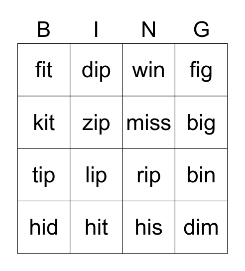 CVC (short i) Bingo Card