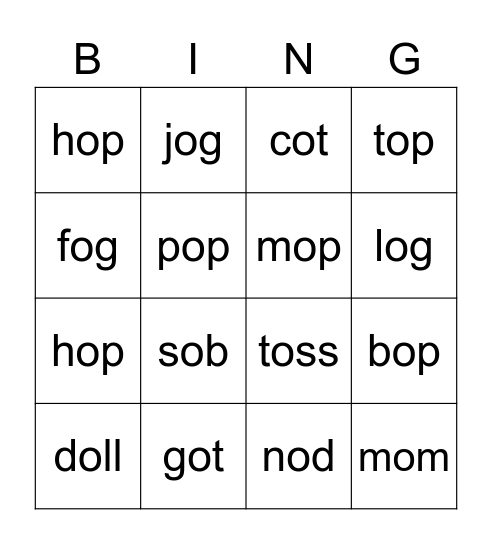 CVC (short o) Bingo Card