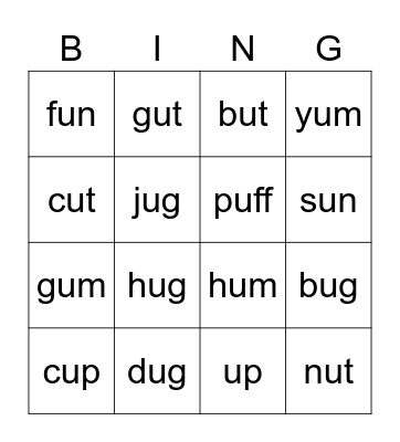 CVC (short u) Bingo Card