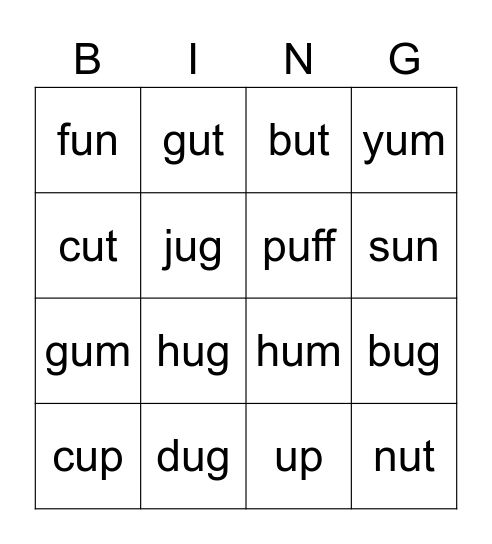 CVC (short u) Bingo Card