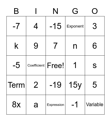 Parts of an Expression Bingo Card