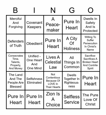 ZION - A Place, A People, A Condition Of Heart Bingo Card